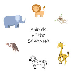 Animals of the savanna. Poster and banner for studying wild animals. Zebra, giraffe, monkey, lion, elephant, scavenger.