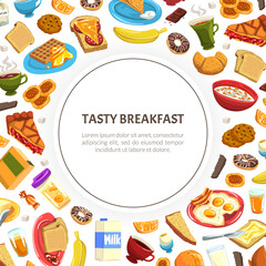 Tasty Breakfast Food and Drink Composition Vector Template