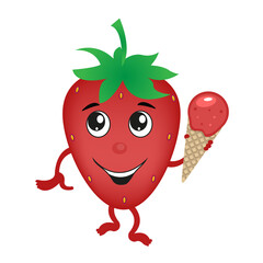 Fototapeta premium Cartoon strawberry with ice cream on white background. Vector image