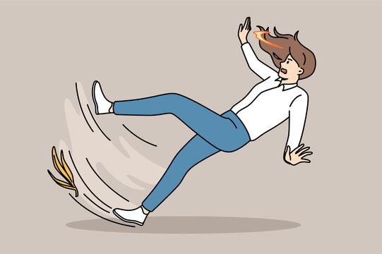 Accident and slippery floor concept. Frustrated stressed woman falling down with banana shelf at her foot suddenly falling vector illustration 