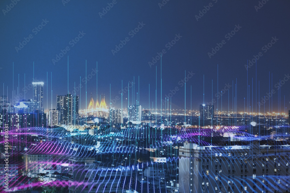 Poster smart city and big data technology concept background with night megapolis city and illuminated by h