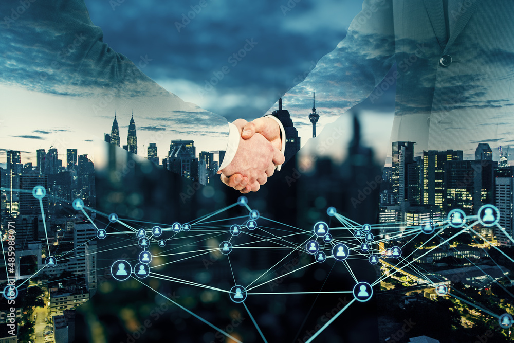 Poster abstract image of businessmen shaking hands on blurry glowing polygonal network with people icons ci
