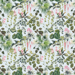 Beau motif floral tropical harmonieux de vecteur avec des fleurs de jungle exotiques aquarelles dessinées à la main. Stock illustration.