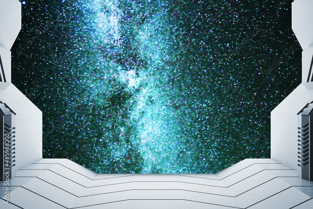 Poster gray spaceship with bright starry sky view. mock up place. universe and fantasy concept. 3d renderin