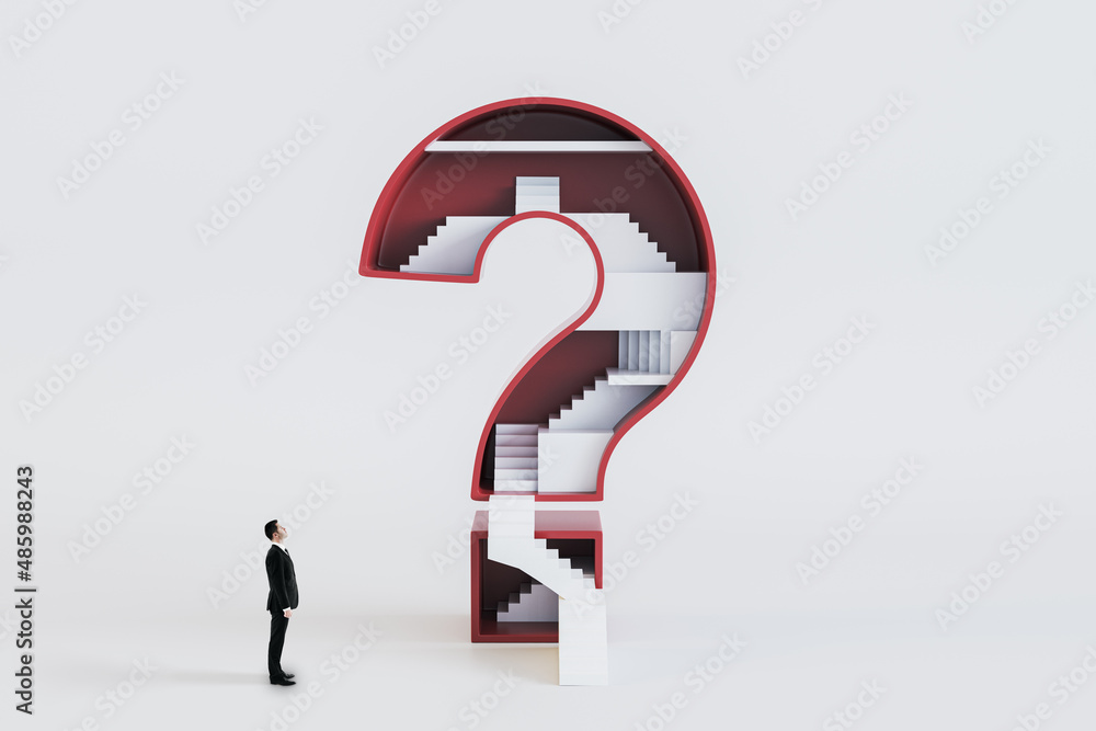 Aufkleber businessman looking at abstract red question mark with stairs inside on white background. challenge 