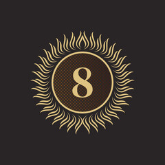 Fototapeta premium Emblem Number 8 Gold Monogram Design. Luxury Volumetric Logo Template. 3D Line Ornament for Business Sign, Badge, Crest, Label, Boutique Brand, Hotel, Restaurant, Heraldic. Vector Illustration