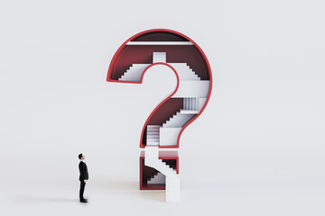 Businessman looking at abstract red question mark with stairs inside on white background. Challenge and career growth concept.