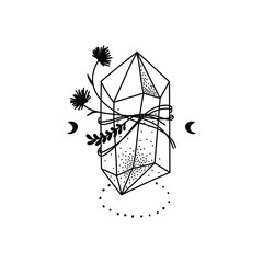 Freehand magical illustration of crystal with texture decorated with moon and flowers. Doodle black vector drawing isolated on white background.