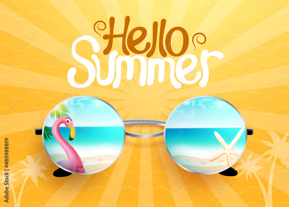 Aufkleber summer holiday greeting vector design. hello summer text in yellow pattern background with beach and