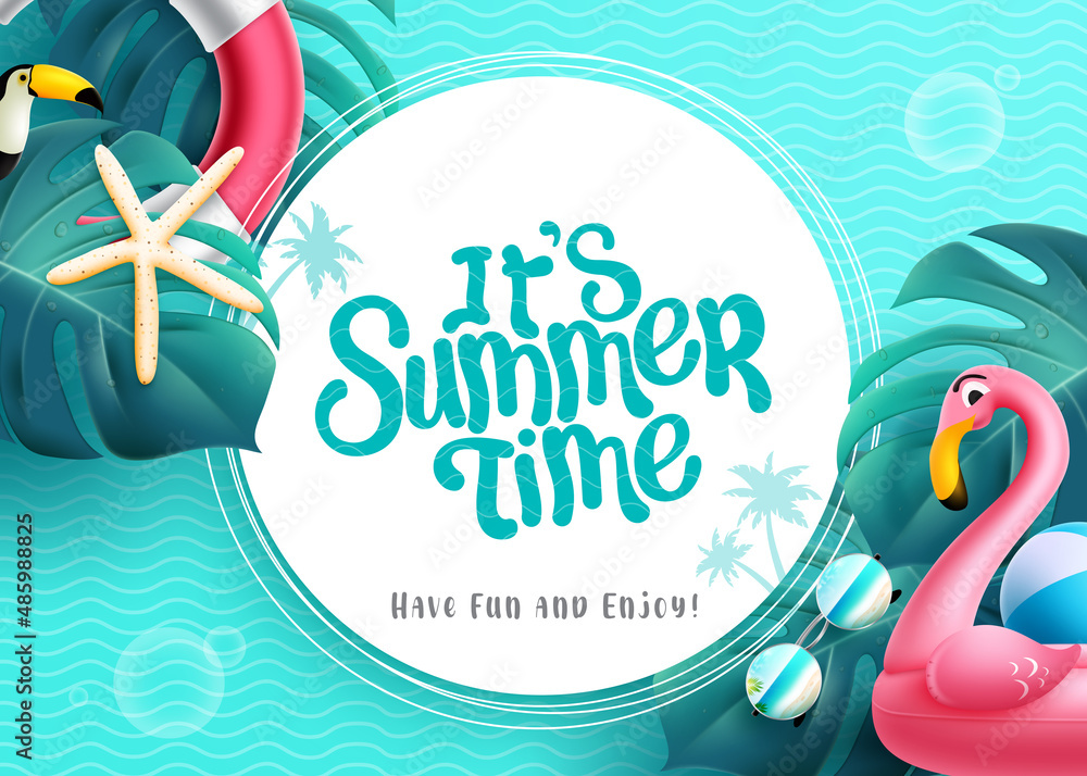 Aufkleber summer time vector template design. it's summer time text in circle space with flamingo floater, lea