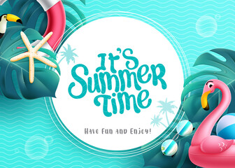 Summer time vector template design. It's summer time text in circle space with flamingo floater, leaves and sea background pattern for tropical season messages decoration. Vector illustration.
 - obrazy, fototapety, plakaty