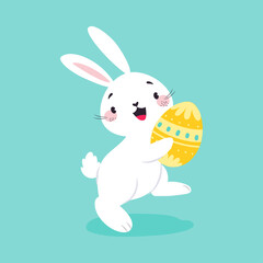 White Easter Bunny Carrying Decorated Egg on Blue Background Vector Illustration