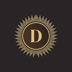 Emblem Letter D Gold Monogram Design. Luxury Volumetric Logo Template. 3D Line Ornament for Business Sign, Badge, Crest, Label, Boutique Brand, Hotel, Restaurant, Heraldic. Vector Illustration