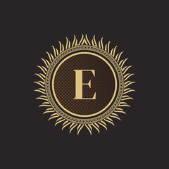 Naklejka premium Emblem Letter E Gold Monogram Design. Luxury Volumetric Logo Template. 3D Line Ornament for Business Sign, Badge, Crest, Label, Boutique Brand, Hotel, Restaurant, Heraldic. Vector Illustration