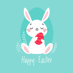 White Easter Bunny Sitting with Decorated Egg on Blue Background Vector Illustration