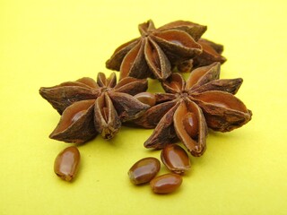 Star anise on yellow background 