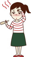 体温計を持つ、熱のある若い女性。