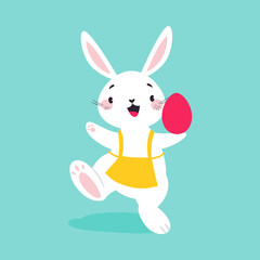 White Easter Bunny in Apron Carrying Egg on Blue Background Vector Illustration