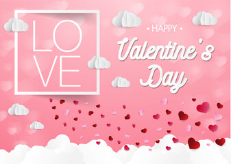 Love and Valentine day, Lovers stand and a paper art heart shape balloon floating in the sky. craft style.