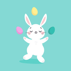 Fototapeta premium White Easter Bunny Juggling with Colorful Eggs on Blue Background Vector Illustration