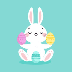 White Easter Bunny Holding Decorated Egg on Blue Background Vector Illustration