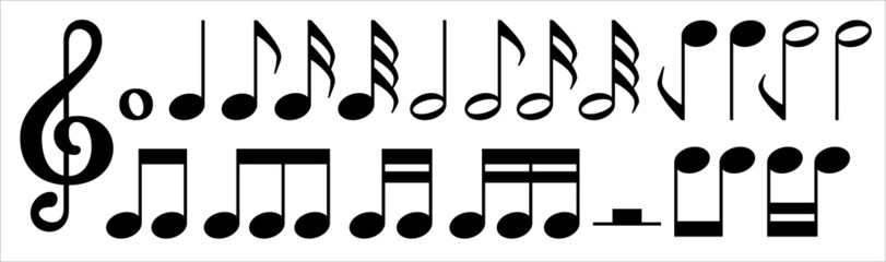 Music note icon set. Treble clef music notes key icons set. Musics sheet illustration contains symbol of bass clef, rhythm, crotchet, quaver, two beam and beams.