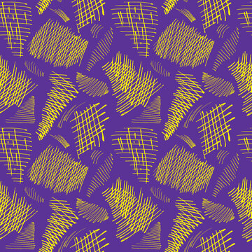 Seamless vector pattern. Abstract chaotic background of chaotic yellow lines, in the form of shapeless shapes on a purple background. For packaging, fabric, wallpaper and other things.