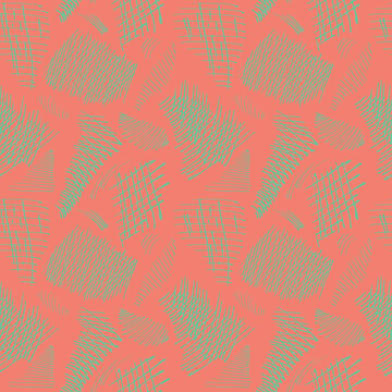 Seamless vector pattern. Abstract chaotic background of chaotic light green lines in the form of shapeless figures on a pink background. For packaging, fabric, wallpaper and more.