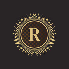 Emblem Letter R Gold Monogram Design. Luxury Volumetric Logo Template. 3D Line Ornament for Business Sign, Badge, Crest, Label, Boutique Brand, Hotel, Restaurant, Heraldic. Vector Illustration