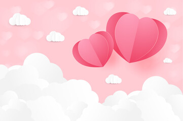 Love and Valentine day, Lovers stand and a paper art heart shape balloon floating in the sky. craft style.