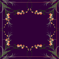 Floral pattern on a purple background orange flowers with leaves and a green shoot for the design of a headscarf, hijab, tablecloth, headscarf, shawl. Vector illustration.