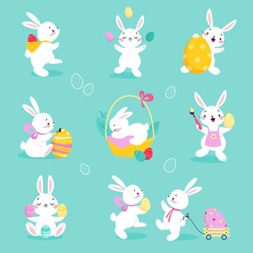 White Easter Bunny with Decorated Egg on Blue Background Vector Set