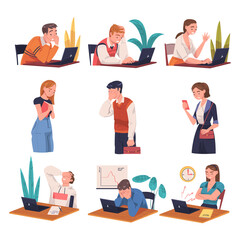 Busy People Character in Stress Feeling Tired and Exhausted Vector Set