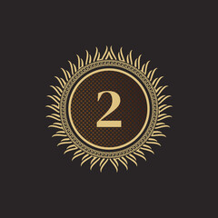 Fototapeta premium Emblem Number 2 Gold Monogram Design. Luxury Volumetric Logo Template. 3D Line Ornament for Business Sign, Badge, Crest, Label, Boutique Brand, Hotel, Restaurant, Heraldic. Vector Illustration