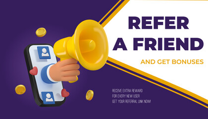 Refer a friend 3d banner design. Cartoon hand holding megaphone illustration on dark background. Vector partnership marketing in social media - 485990849