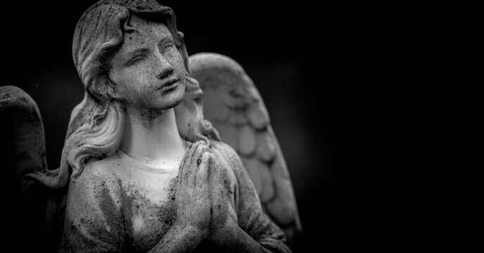 Black and white image of beautiful sad angel. Copy space.