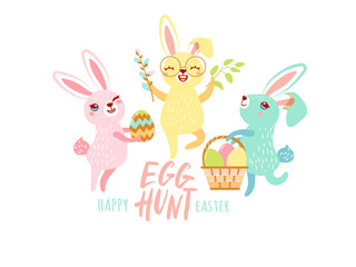 Three cute Easter bunnies on a white background. Lettering - Hunt for eggs, Happy Easter. 