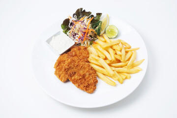 fish and chips with salad