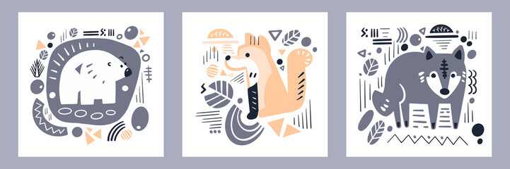 Set cute decorative pictures with animals and forest elements. Scandinavian handmade patterns. Vector illustration.