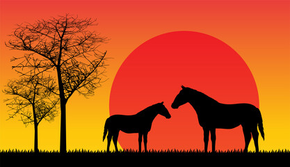 Fototapeta na wymiar American Cowboy with horse Wild West Moon night landscape background