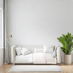 Modern beautiful interior with a white wall, carpet and a stylish sofa. Light Scandinavian design. 3D rendering