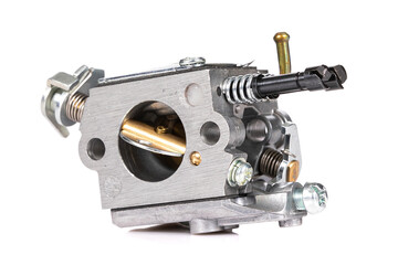 new aluminum carburetor for a chainsaw on a white isolated background