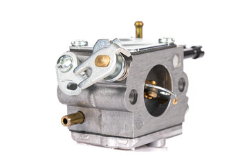 close-up carburetor for a chainsaw on a white isolated background