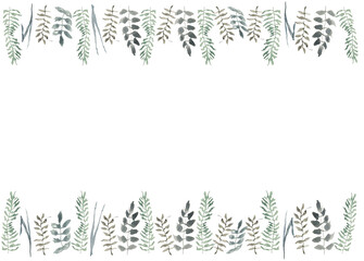 watercolor frame of spring gray green grass and leaves for invitations