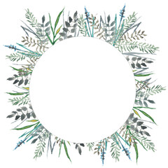 watercolor spring wreath, grass frame for postcards and invitations
