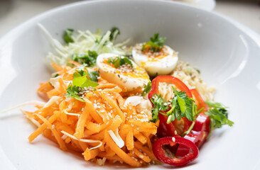Healthy breakfast of boiled eggs and noodles