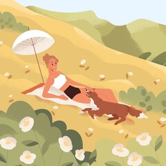 Woman sunbathing in nature alone, relaxing with dog in meadow. Happy young female in bikini resting outdoors on summer holidays, lying on blanket on grass under umbrella.Flat vector illustration