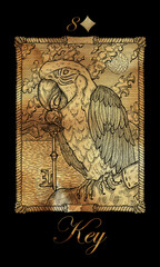 Key.  Card from the oracle Old Marine Lenormand deck. Nautical vintage background.