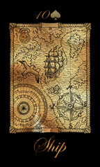 Ship. Card from the oracle Old Marine Lenormand deck . Nautical vintage background.