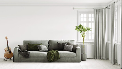 Beautiful interior of a modern room. Bright and clean design. A sofa standing by a large window against a wall background. 3D rendering